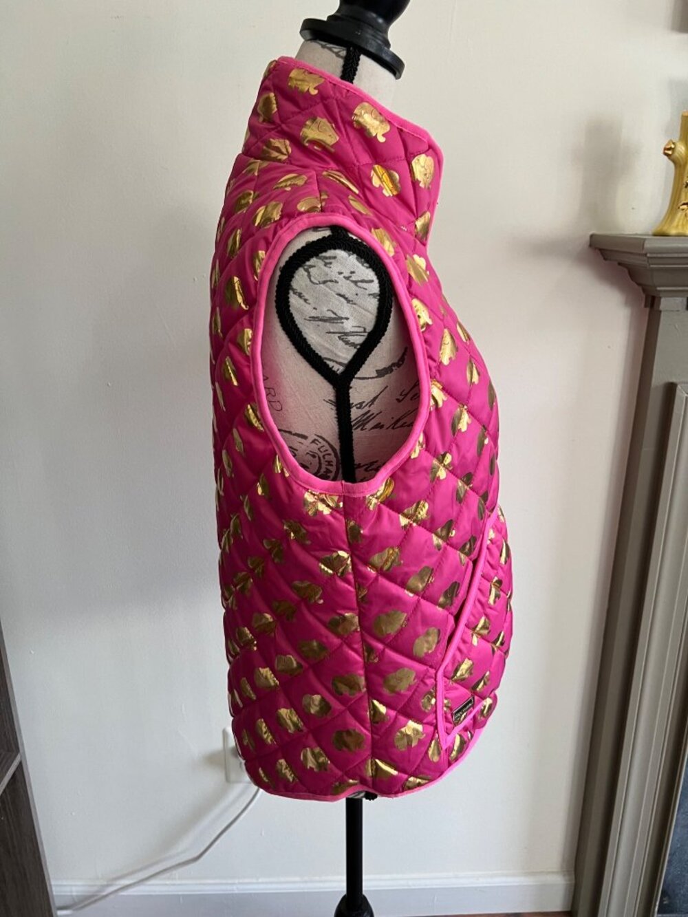 Simply Southern Puffer Vest Quilted Pink Gold Metallic Elephant Full Zip Medium - Picture 3 of 9
